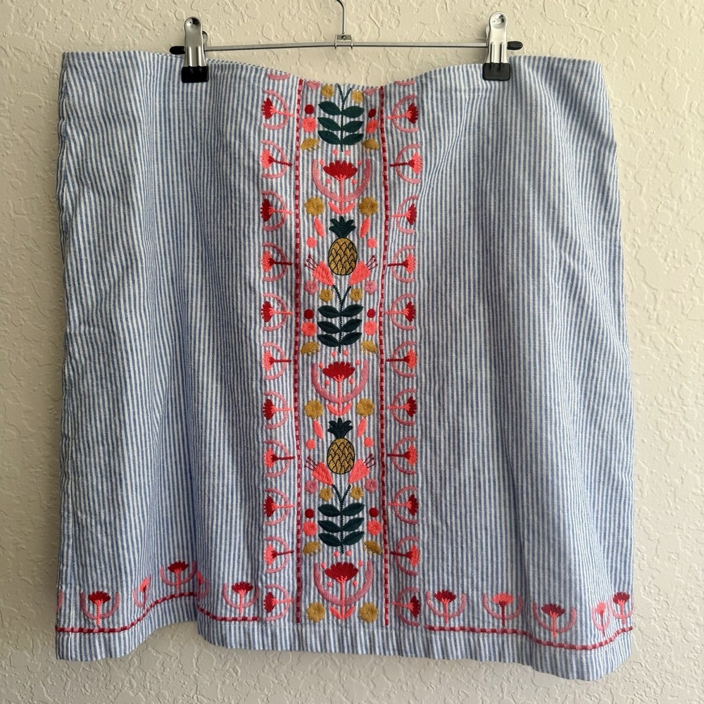 Boden Mini Skirt Size 14 Embroidered Cotton Linen Blue White Stripe Preppy Cute